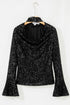 Sequin Mock Neck Drape Open Back Bell Sleeve Lined Top